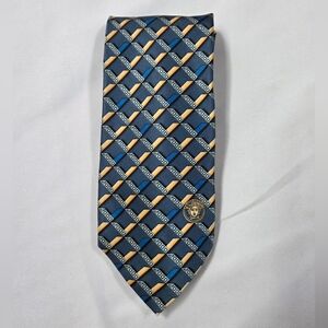 Gianni Versace Tie Vintage Geometric Pattern Medusa Gold Blue